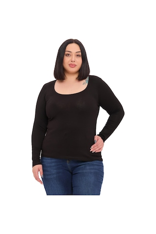 Disentis Büyük Beden U Yaka Uzun Kollu Viskon Siyah Body Siyah