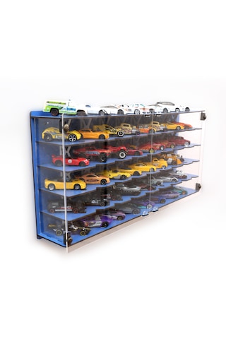 Pleksi Kapak 48 Araçlık 1/64 Hotwheels, Matchbox Uyumlu Hobi Oyuncak Araba Rafı Koleksiyon Model Araba Garajı Mavi