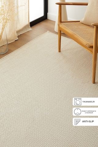 Ocean Home Textile Yıkanabilir Jüt Görünümlü Krem Renk Hasır Desenli Halı Kilim 200 X 290 Cm Krem