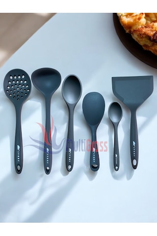 Isıya Dayanıklı Silikon Kevgir Kaşık Spatula Seti 6 Prç Gri