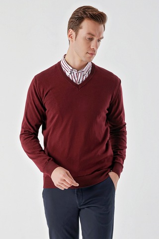 Morven Erkek Koyu Bordo Basic V Yaka Dynamic Fit Rahat Kesim Triko Koyu Bordo