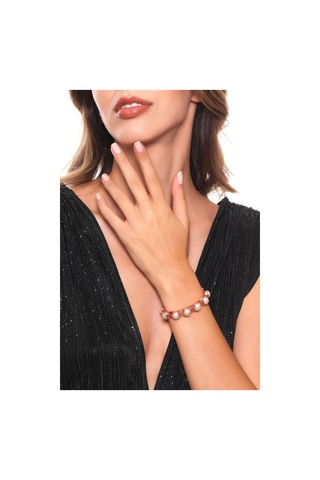 Kadın Rose Renk Lak Kaplama Sıralı İnci Detaylı Ayarlanabilir Kelepçe Bileklik Rose Gold