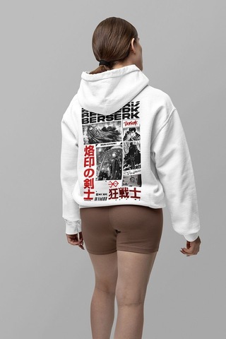 Sevbano Berserk Baskılı Unisex Oversize Anime Hoodie Beyaz
