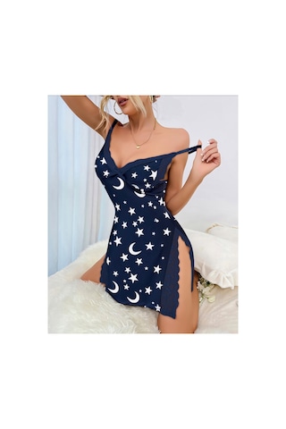 Lily Bianca Nightwear Göğüs Ve Yırtmaçları Dantel Detaylı Penye Gecelik Lacivert