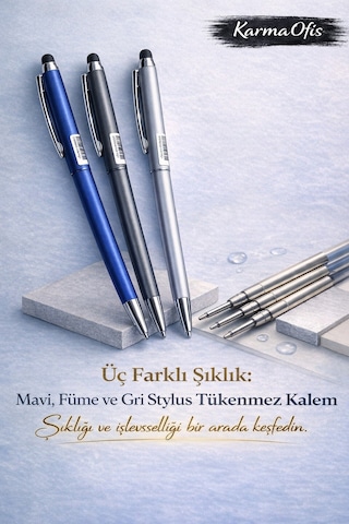Stylus Tükenmez Kalem Seti Mavi Füme Gri Gövde Dokunmatik Uyumlu Premium Metal Kalem Çok Renkli