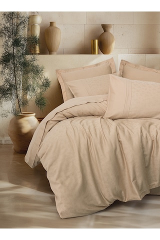 Cotton Box Jakarlı Saten Çift Kişilik Nevresim Takımı Florita Bej Bej