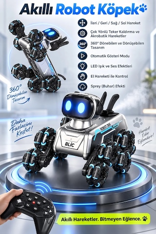 Exenar - Akıllı Aı Robot Köpek Kumandalı Ses Kontrollü Akrobatik Hareketli Işık Sesli Efektli Şarjlı Oyuncak Siyah