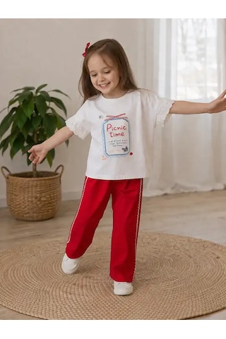 Bellamio Kids Kısa Kollu Kolları Brodeli Kız Çocuk Alt-üst Takım Kırmızı - Beyaz