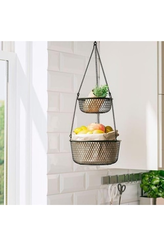 Siyah Renk Mutfak Askısı, Tel Sepet 2 Katlı, 25x63 Cm, Asılabilir Galvanizli Çelik Çok Renkli