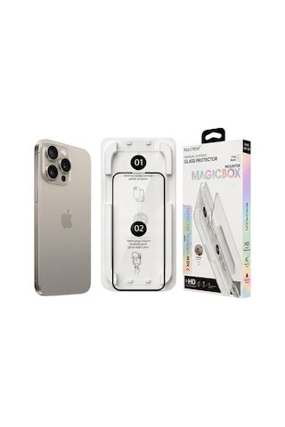 Fulltech Magicbox iPhone Uyumlu 15 Pro Max Premium Tempered Glass Aparatlı Ekran Koruyucu - Clear