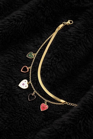 Çelik Çift Zincirli Kalp Figürlü Gold Bileklik Gümüş + Altın
