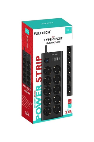 Fulltech Ftr14 Type-c Girişli Akım Korumalı 10 Lu Priz, 3 Usb Standart