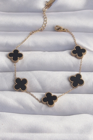 316l Çelik Gold Renk Siyah Mineli Yonca Bileklik - Tj-bb6258 Gümüş