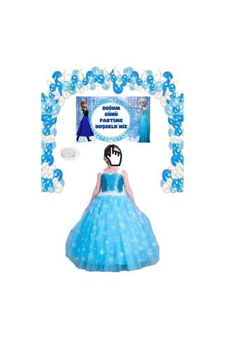 Parti Selesi Frozen Elsa Askılı Kostüm Ve Lüks Doğum Günü Seti Mavi
