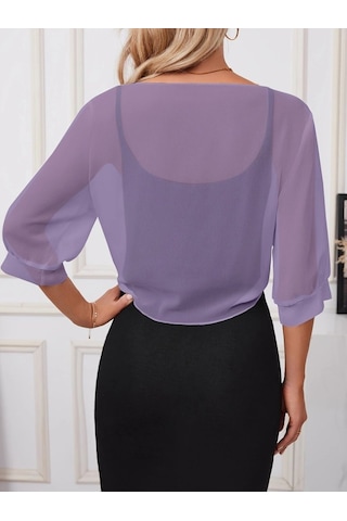 Kadın Truvakar Kollu Önden Bağlamalı Kısa Şifon Bolero Ceket Lila