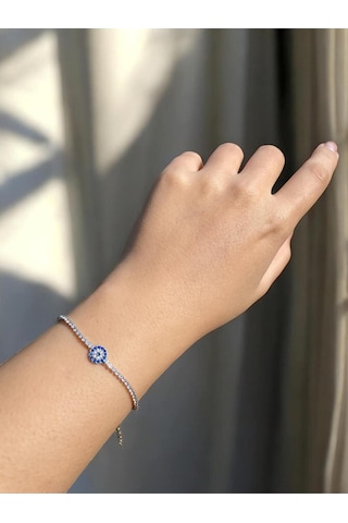 Mavi Nazarlık Detaylı Su Yolu Silver Kadın Bileklik Gümüş