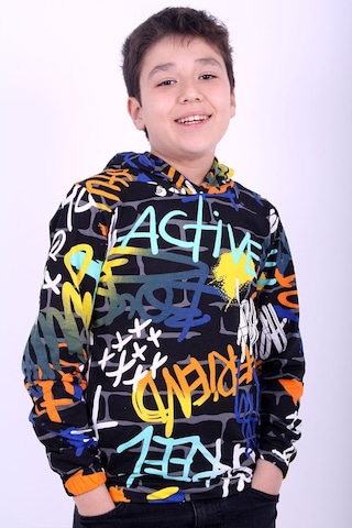 Fyk Kids Kapüşonlu Desenli Unisex Sweatshirt 2 İplik Siyah