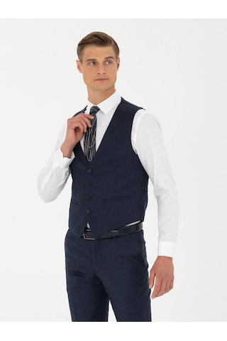 Cacharel Lacivert Slim Fit Yün Karışımlı Çizgili Klasik Yelek