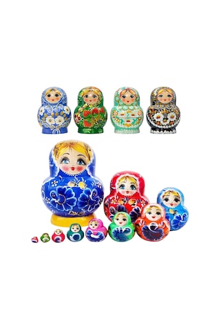 Onlu Ahşap Matruşka Bebek Seti Tombul 15cm Renkli 10 Parça T15