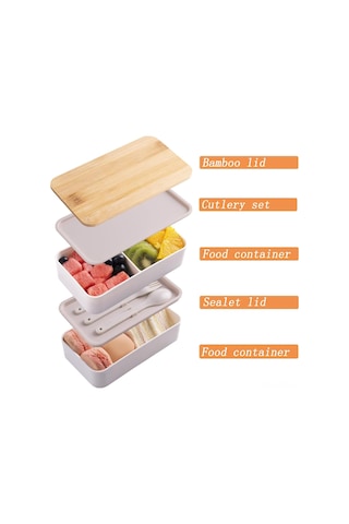 Hangfox Doğal Bambu Kapaklı Çift Katlı Microwave Uyumlu Çalışan/öğrenci Bento Kutusu - Sağlıklı Yemek Taşıma Kutusu Isı Saklama Çantası Dahil Beyaz