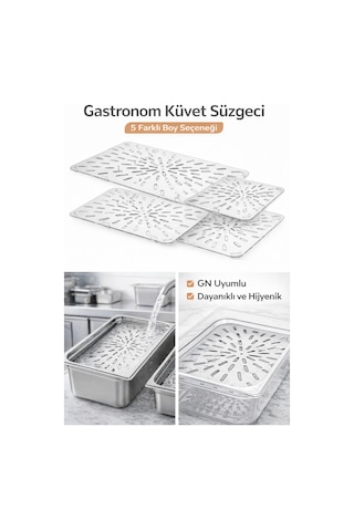 Gastronom Küvet Süzgeci 26 X 16 Cm Gn Uyumlu Delikli Süzgeç 5 Farklı Boy Profesyonel Mutfak Şeffaf
