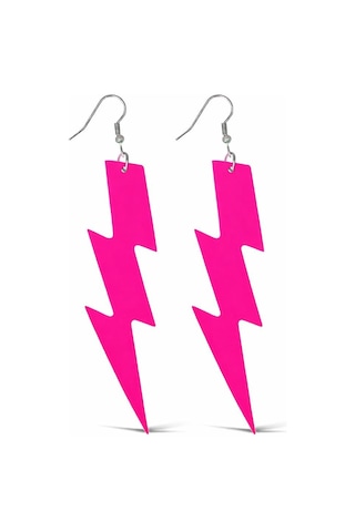 80 Ler - 566 - 90& 39 Lar Retro Neon Pembe Şimşek Küpe - Spt-gld - 10 Cm Tüm Yaşlar