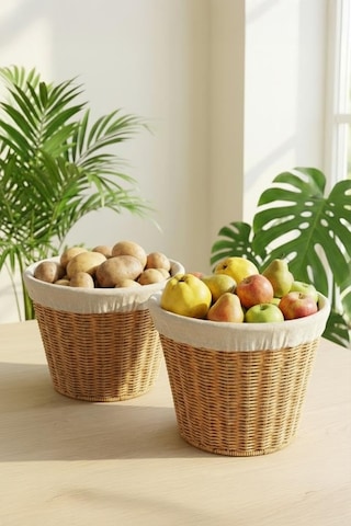 2'li Yuvarlak Rattan Hasır Patates Soğan Sarımsak Meyve Sepeti Düzenleyici Organizer -9t02 Çok Renkli