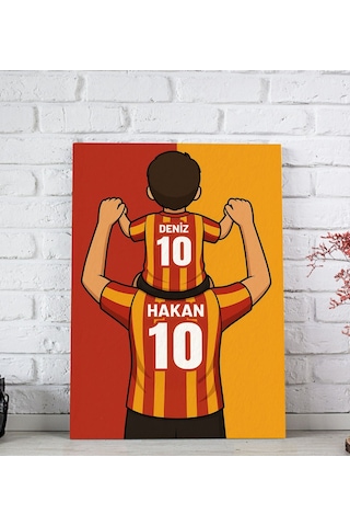 Bk Gift Kişiye Özel Baba&çocuk Sarı-kırmızı Forma Tasarımlı Kanvas Tablo, Arkadaşa Hediye, Sevgiliye Hediye, Taraftar Hediyesi 50x70cm