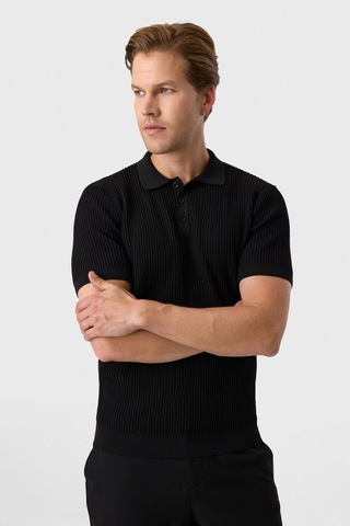 Back And Bond Regular Fit Düğmeli Siyah Triko Tişört