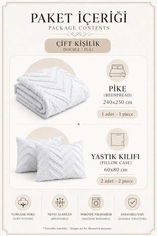 Krem Çift Kişilik Bohem Pike Takımı Mevsimlik 240x250 Yatak Örtüsü Seti Lissia