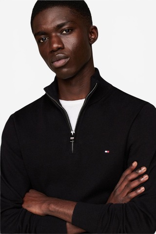 Tommy Hilfiger Pıma Org Ctn Cashmere Zıp Mock Erkek Siyah Kazak - Mw0mw28049