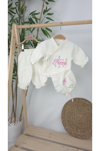 Gros Shop Müslin Yeni Doğan 4katlı Organik %100pamuk Kişiye Özgü Nakışlı Hastane Çıkış Seti Nota Model Ekru