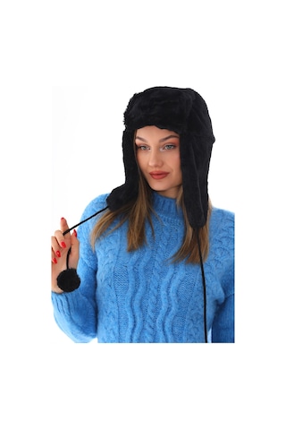 Kadın Siyah Kürklü Kulaklıklı Peluş Şapka Siyah