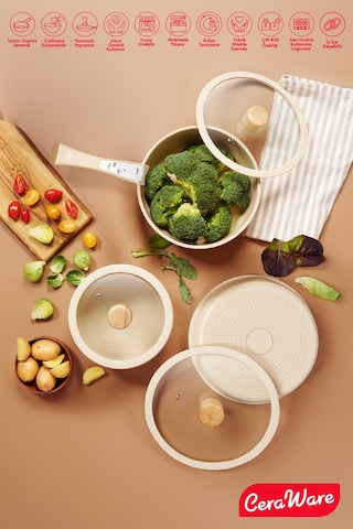 Ceraware Hona Daily 9 Parça Tak Çıkar Saplı Iç Içe Geçebilen Seramik Yapışmaz Tencere Tava Seti Bej