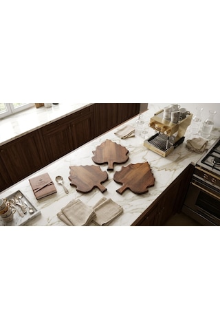 Fam Wood Art 3'lü Ahşap Çınar Yaprağı ,organizer,çok Amaçlı Stand Kesme Tahtası 21 Cm X 28 Cm Kahverengi