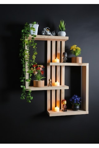 Delmeden Montaj Ahşap Duvar Rafı - 60x50 Cm Çift Taraflı Bant Uyumlu Modern Raf Bej
