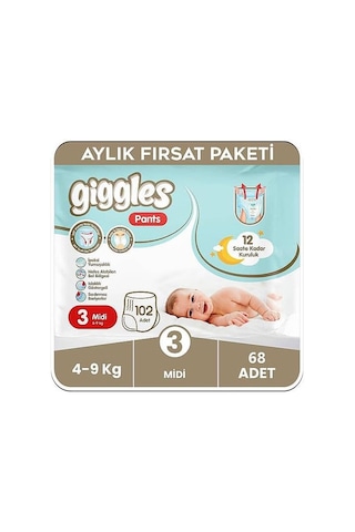 Ayrex Pants Külotlu Bebek Bezi, 3 Numara Midi, 4-9 Kg, 68 Adet, Aylık Paket 0 Numara