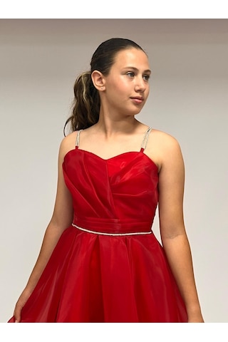 Kız Çocuk Abiye Kırmızıtaş Kordon Askılı Kalp Yaka Kuyruklu Şifon Abiye Elbise 9-16 Yaş Kırmızı