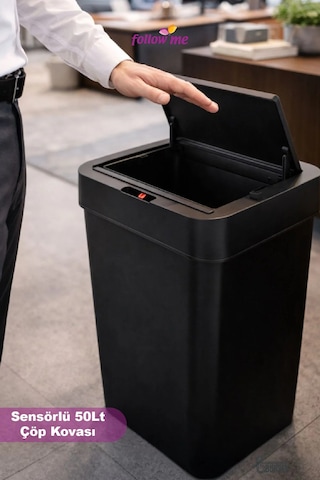Follow Me Sensörlü Çöp Kovası 50 L Siyah Temassız Otomatik Kapaklı Plastik Çöp Kutusu Renk Siyah