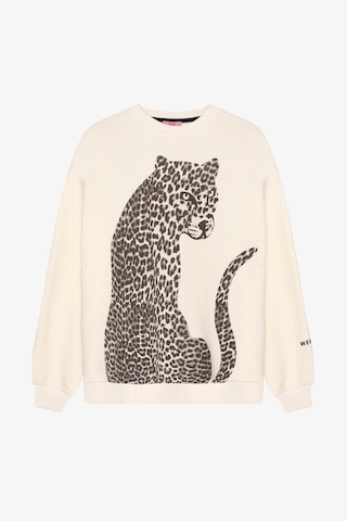 Quzu Leopar Figürlü Kolu Yazı Baskılı Sweatshirt Ekru Ekru