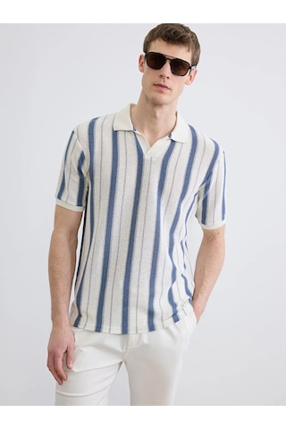 Lc Waikiki İndigo Polo Yaka Çizgili Havlu Kumaş Erkek Tişört Indigo