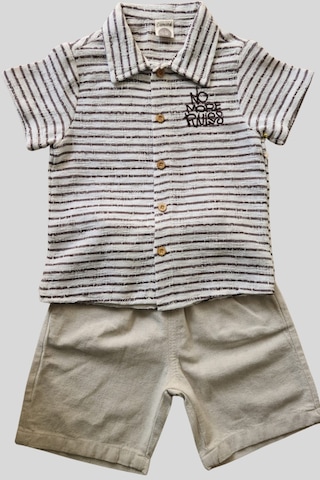 2'li Erkek Çocuk Kahve Çizgili Desenli Gömlek Bej Sortlu Keten Takım-1361 Kahverengi