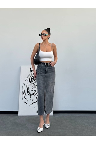 Herton Kadın Yüksek Bel Yırtmaçlı Uzun Kot Etek %100 Pamuk Füme Denim Çok Renkli