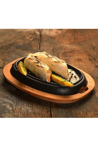 Lava Döküm Oval Fajita Tabağı Kayın Servis Ahşabı Ölçü 26x19cm.