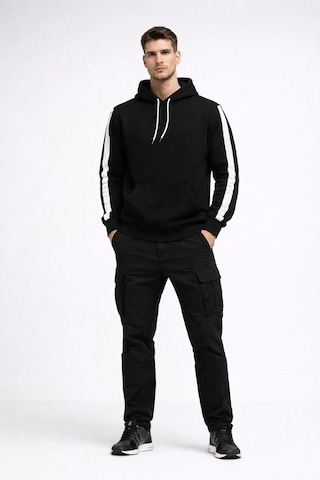 Barlashive Erkek Şeritli Kapüşonlu Sweatshirt Oversize 3 İplik Pamuklu Hoodie - Siyah Çok Renkli
