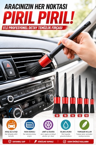 5'li Araba Detay Temizlik Fırçası Set Oto İç Dış Temizlik Hava Kanalı Jant Konsol Temizleme Fırçası