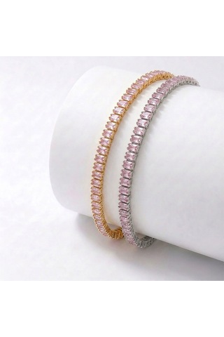 Premium Parlak 4mm Pembe Zirkon Taş Su Yolu Kadın Bijuteri Bileklik 3183kbv4d6 18cm Gümüş Renk Gümüş - Siyah