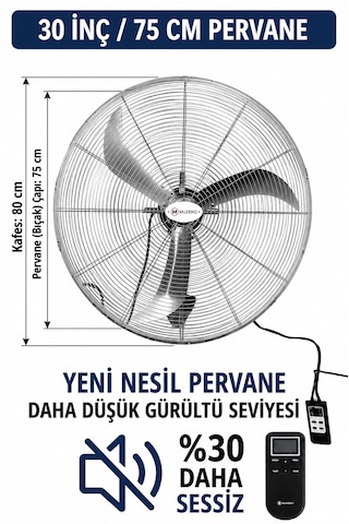 Muzeko Mzk750 30inç 75cm Gümüş Renk Kumandalı Duvar Tipi Sanayi Vantilatör Ev İçin Uygun Değildir