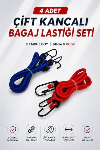 4 Adet Çift Kancalı Bagaj Lastiği Seti - 2 Farklı Boy 60cm Ve 80cm - Sabitleme Lastiği