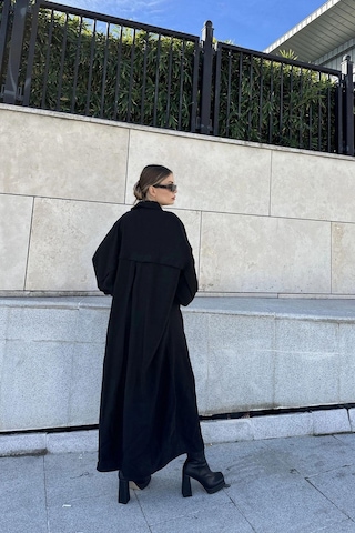 WeShaya Kadın Siyah Yarasa Kol, Arkası Pliseli, Çift Cepli, Uzun Oversize Salaş Gömlek Elbise Siyah